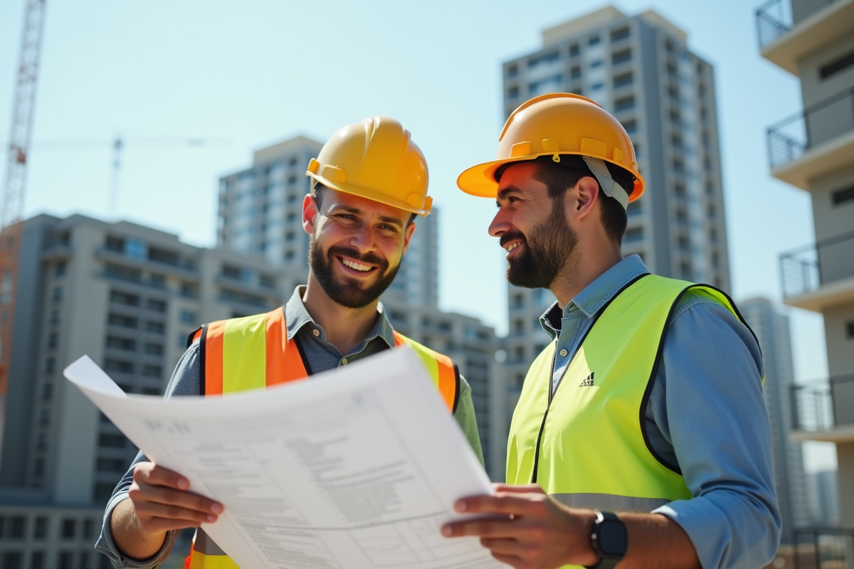 Chef de chantier et architecte examinant plans de construction