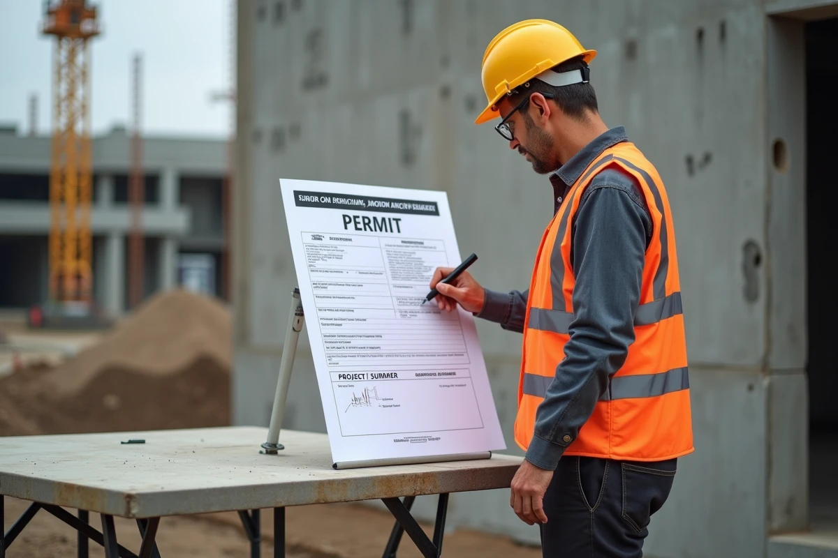 Chef de chantier remplissant un panneau de permis de construire réglementaire sur un site de construction en extérieur