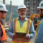 Chef de chantier parlant avec deux ouvriers sur un site en construction