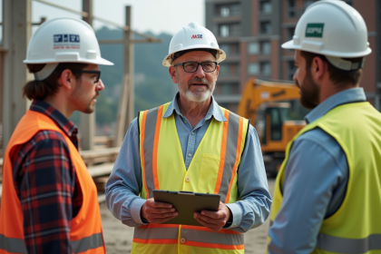 Chef de chantier parlant avec deux ouvriers sur un site en construction