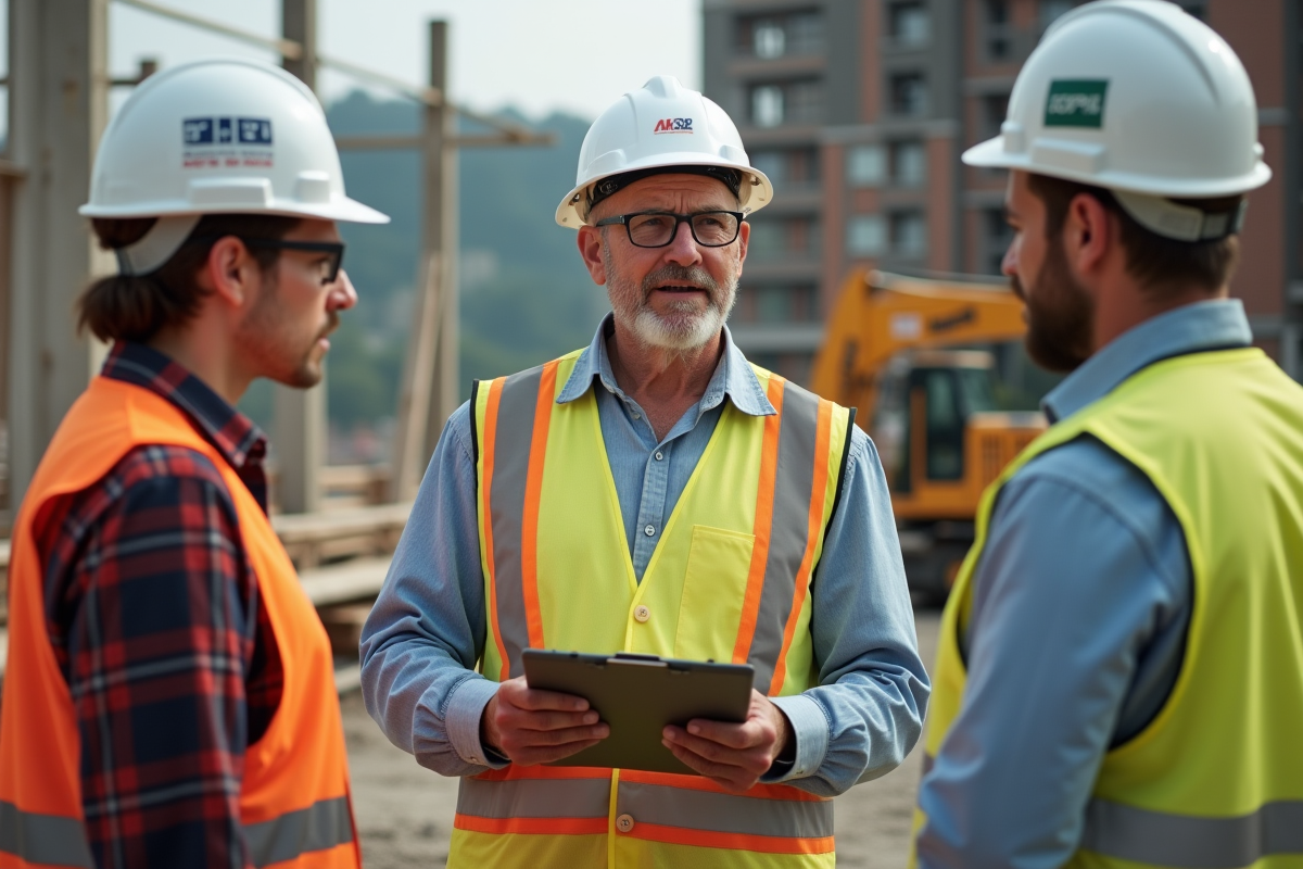 Chef de chantier parlant avec deux ouvriers sur un site en construction