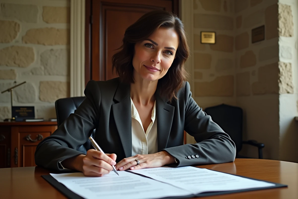Cliente signant un document notarié officiel dans une étude de notaire à Limoges avec murs en pierre et table de conférence en bois