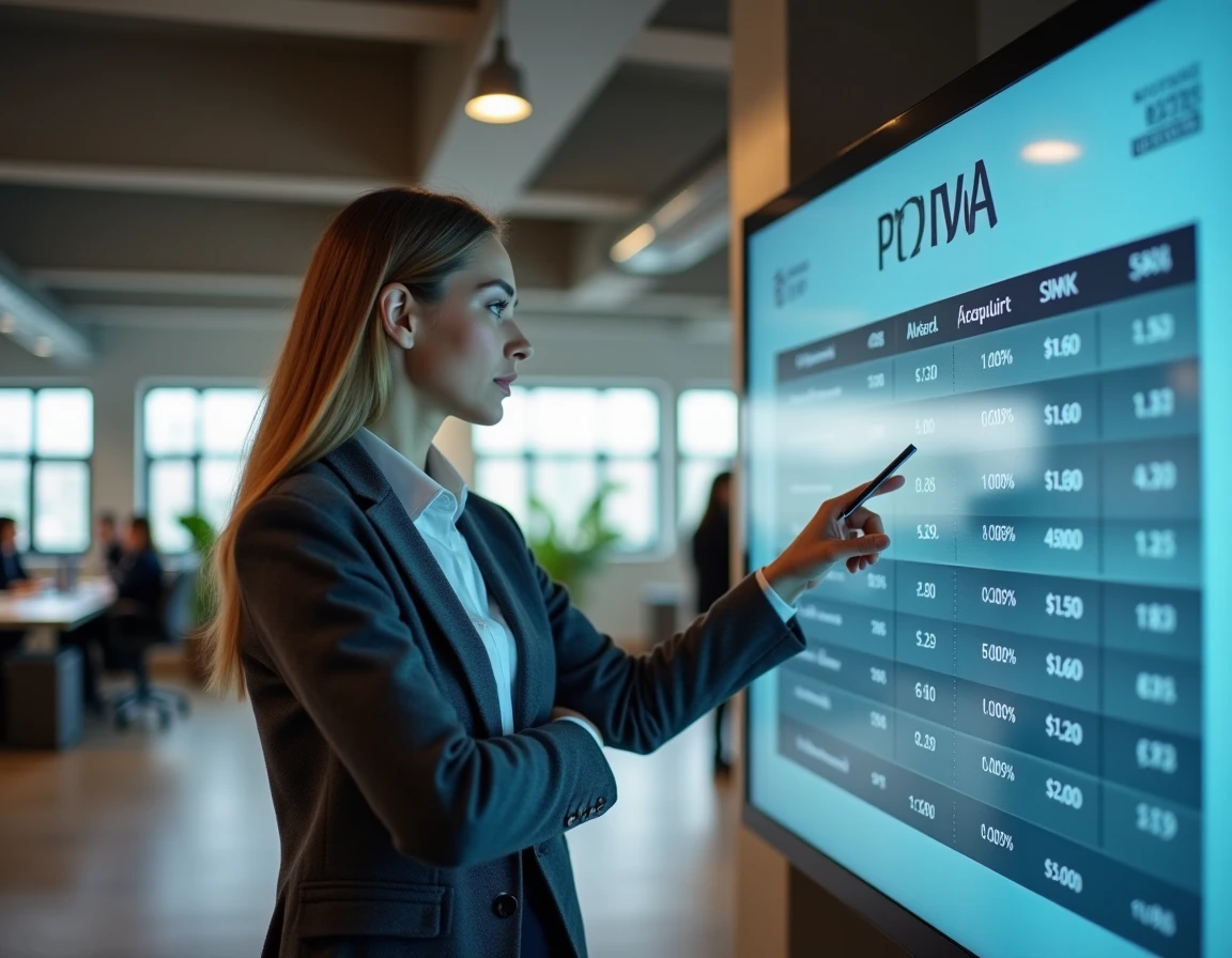 Comptable spécialisée en fiscalité immobilière présentant un tableau de calcul de TVA sur un écran pour un marchand de biens