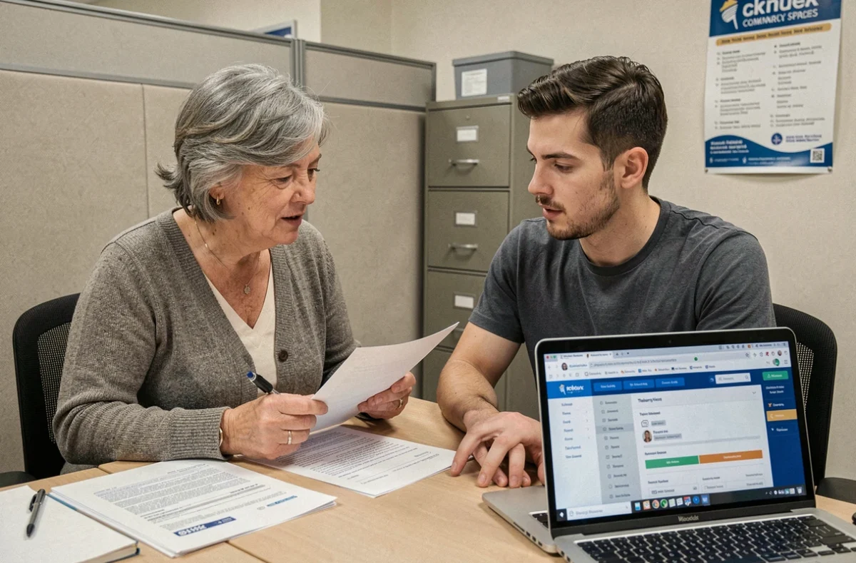 Conseiller aidant une personne à modifier son dossier logement sur le portail LOC annonce teleservice dans un bureau associatif