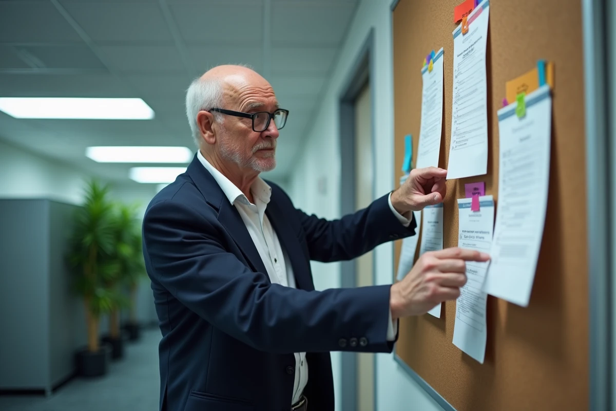Conseiller en logement social expliquant le processus d'attribution devant un tableau de dossiers dans un bureau