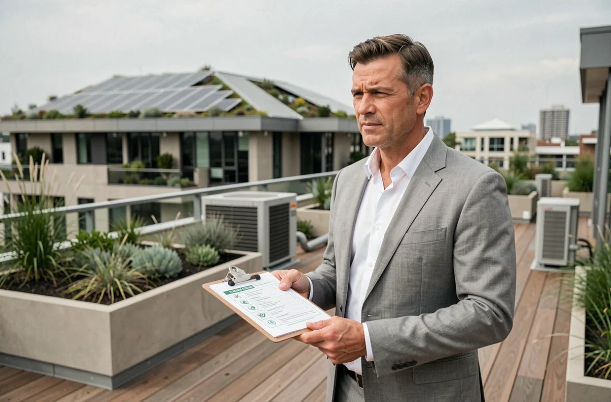 Consultant en immobilier effectuant un audit RSE sur le toit d'un bâtiment durable conforme aux critères du modèle CEAPC