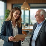 Femme d affaires souriante avec un couple dans un bureau moderne à Lyon