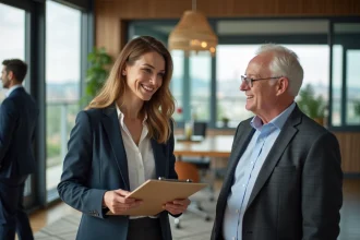 Femme d affaires souriante avec un couple dans un bureau moderne à Lyon