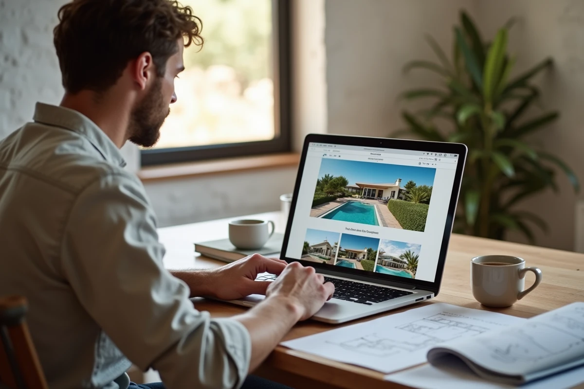 Personne consultant des annonces immobilières en ligne pour acheter une maison de pêcheur au Portugal, avec notes et plan imprimé sur un bureau en bois