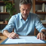 Homme consultant un formulaire de déclaration préalable de travaux posé sur un bureau en bois, format papier A4 visible