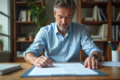 Homme consultant un formulaire de déclaration préalable de travaux posé sur un bureau en bois, format papier A4 visible