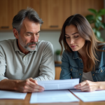 Couple lisant un contrat de location dans la cuisine