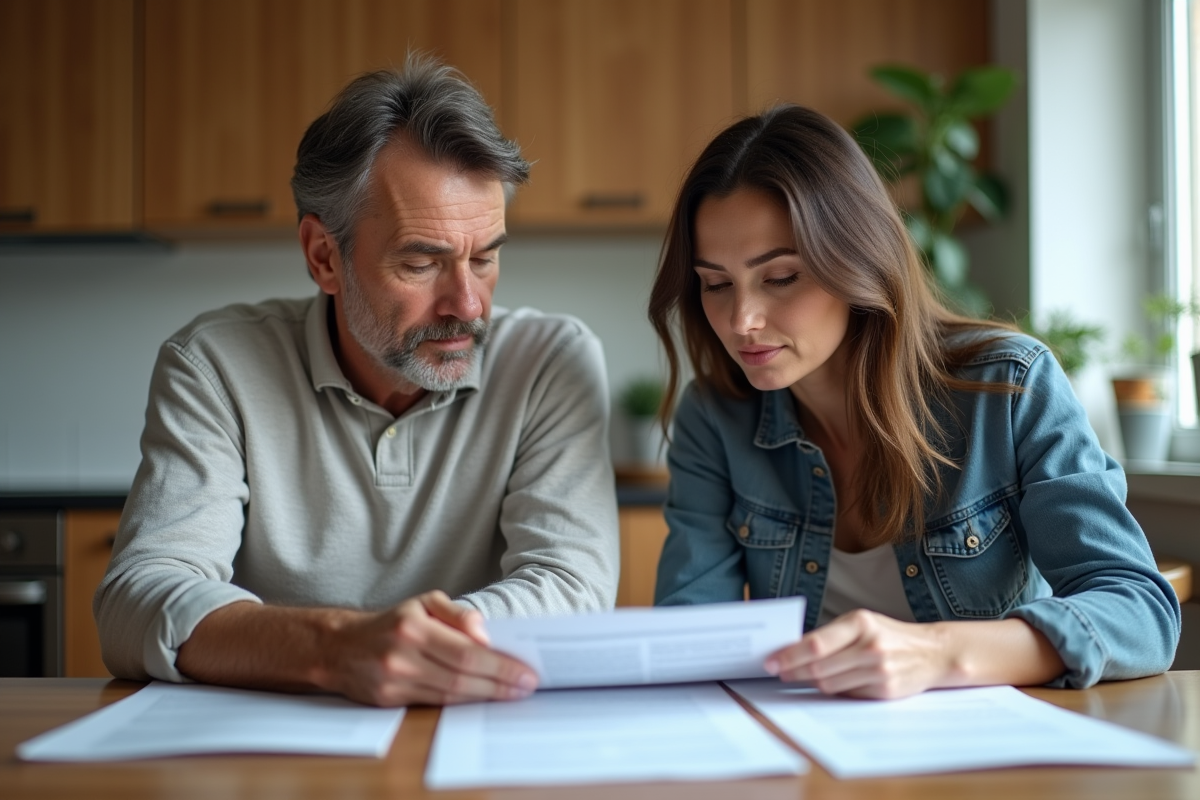 Couple lisant un contrat de location dans la cuisine