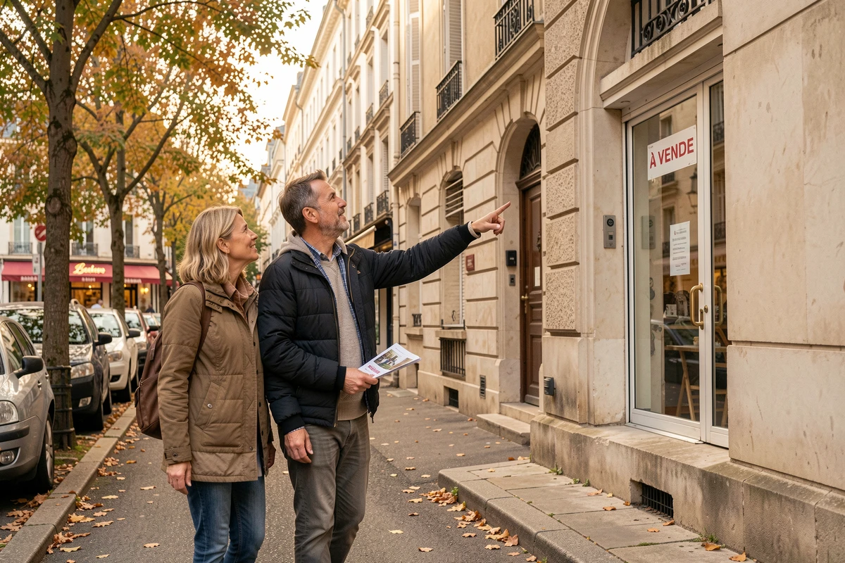 Couple visitant un bien immobilier à vendre dans une commune d'Île-de-France bien desservie par les transports