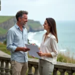 Couple examinant des documents immobiliers sur la terrasse d'une maison normande en pierre avec vue sur la mer