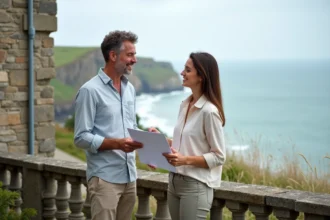 Couple examinant des documents immobiliers sur la terrasse d'une maison normande en pierre avec vue sur la mer