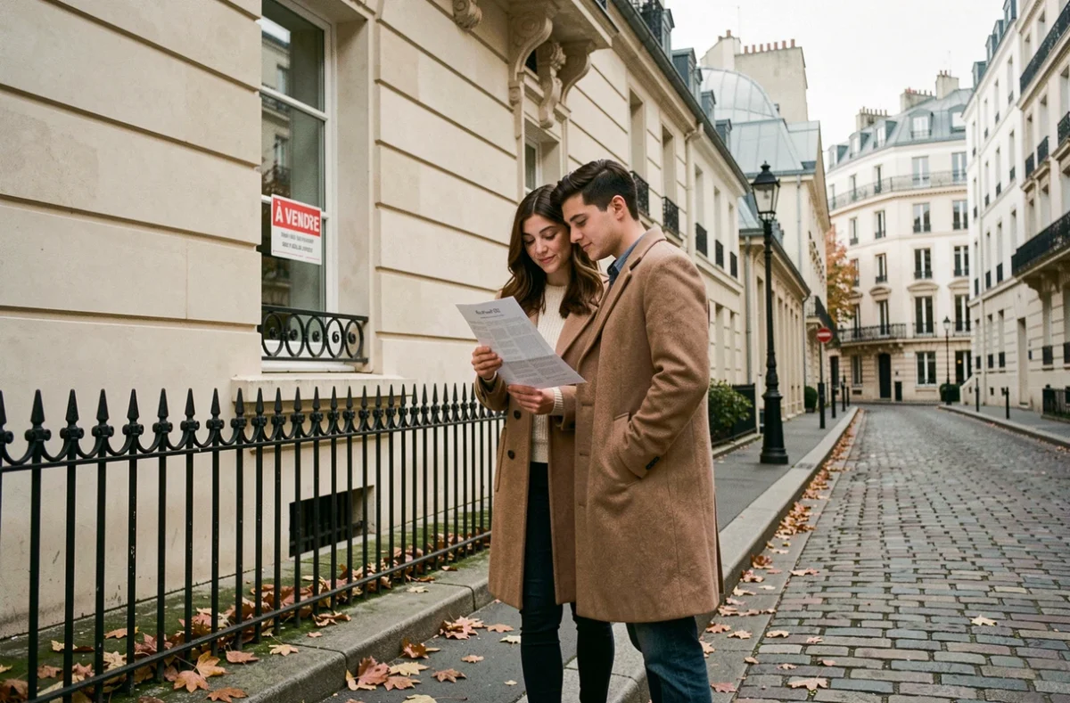 Couple de jeunes acheteurs consultant une annonce immobilière devant un appartement à vendre à Paris