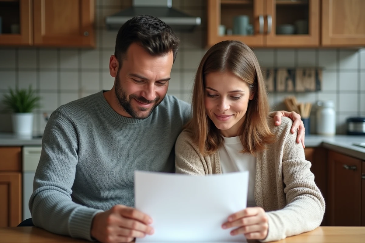 Couple recevant un avis favorable d'attribution de logement social et lisant la lettre officielle ensemble