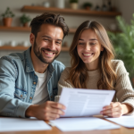 Jeune couple souriant en train de revoir un contrat de prêt immobilier