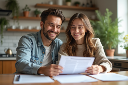 Jeune couple souriant en train de revoir un contrat de prêt immobilier