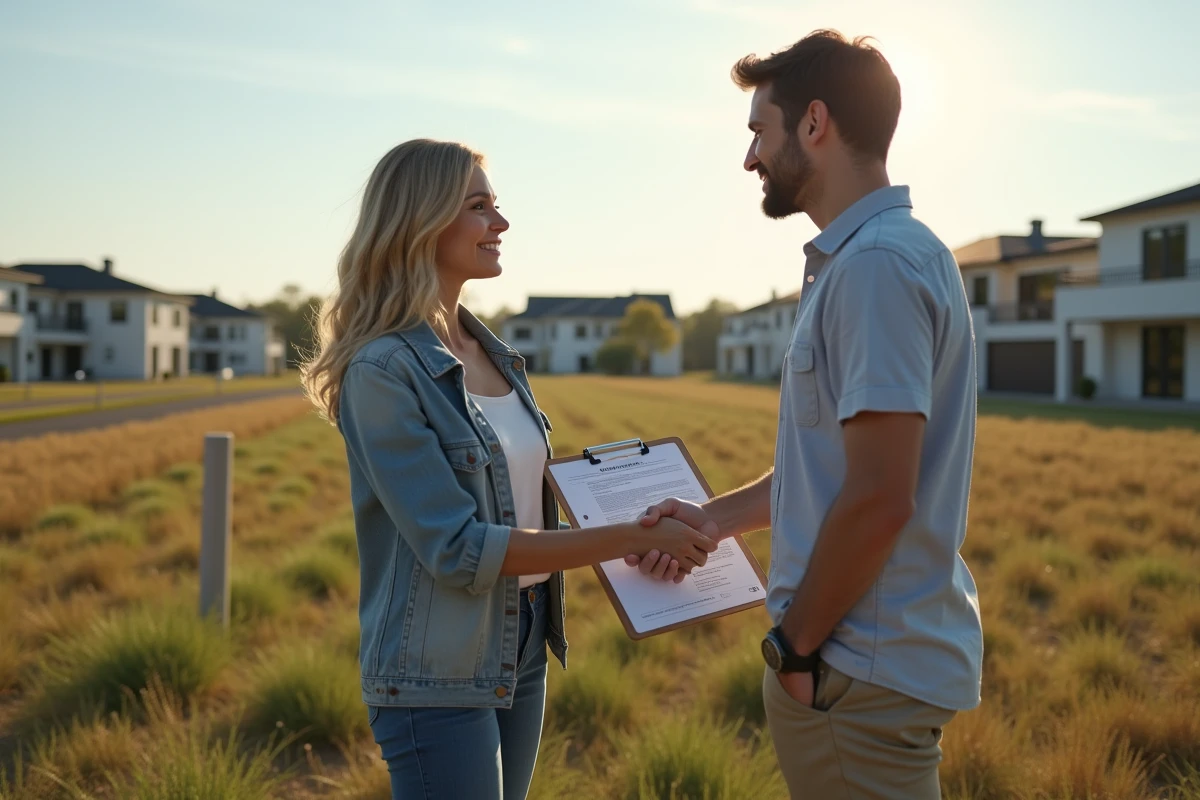 Jeune couple serre la main d une agente immobiliere sur un terrain