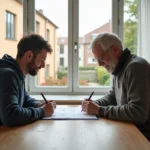 Couple d'adultes examinant des documents immobiliers dans un appartement lumineux