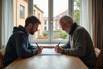 Couple d'adultes examinant des documents immobiliers dans un appartement lumineux