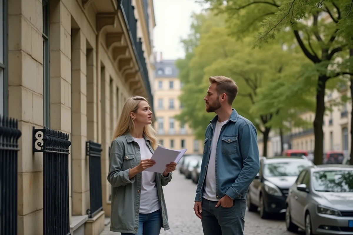 Couple d'investisseurs débutants évaluant un immeuble locatif dans un quartier résidentiel parisien
