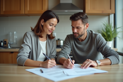 Couple de middleaged lisant documents de location dans une cuisine moderne