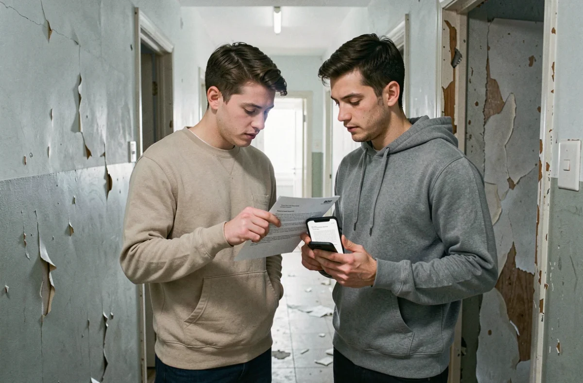 Couple de locataires consultant une lettre de plainte dans un couloir d'appartement dégradé