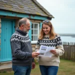 Couple en pull breton devant maison en pierre côte atlantique