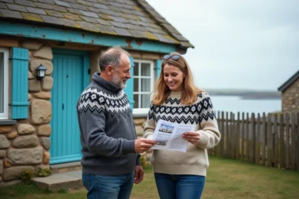 Couple en pull breton devant maison en pierre côte atlantique