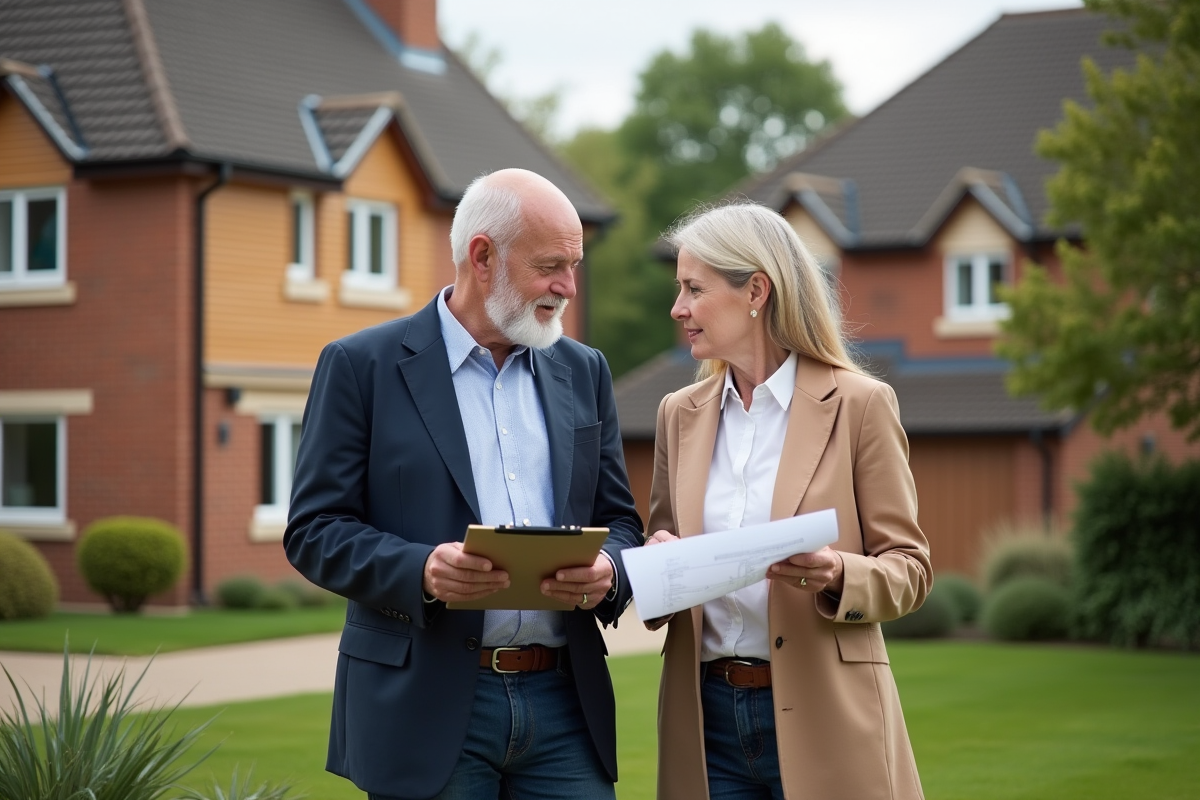 Couple devant leur maison de banlieue en discussion