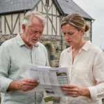 Couple négociant l'achat d'une maison normande en bord de mer face à une agence immobilière