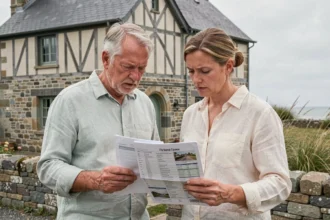 Couple négociant l'achat d'une maison normande en bord de mer face à une agence immobilière