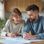 Couple français discutant de plans de rénovation maison