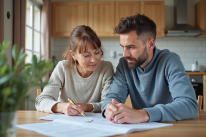 Couple français discutant de plans de rénovation maison