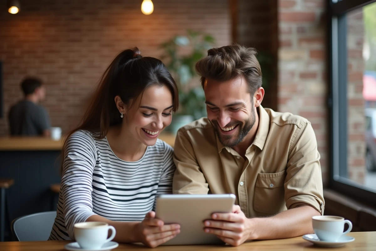 Couple consultant des options de réservation de location sur une tablette dans un café