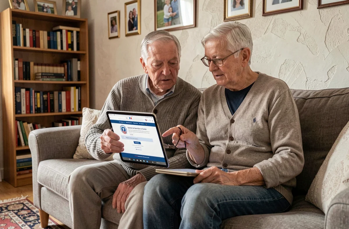 Couple de seniors consultant un portail officiel d'aide au logement sur une tablette dans leur salon