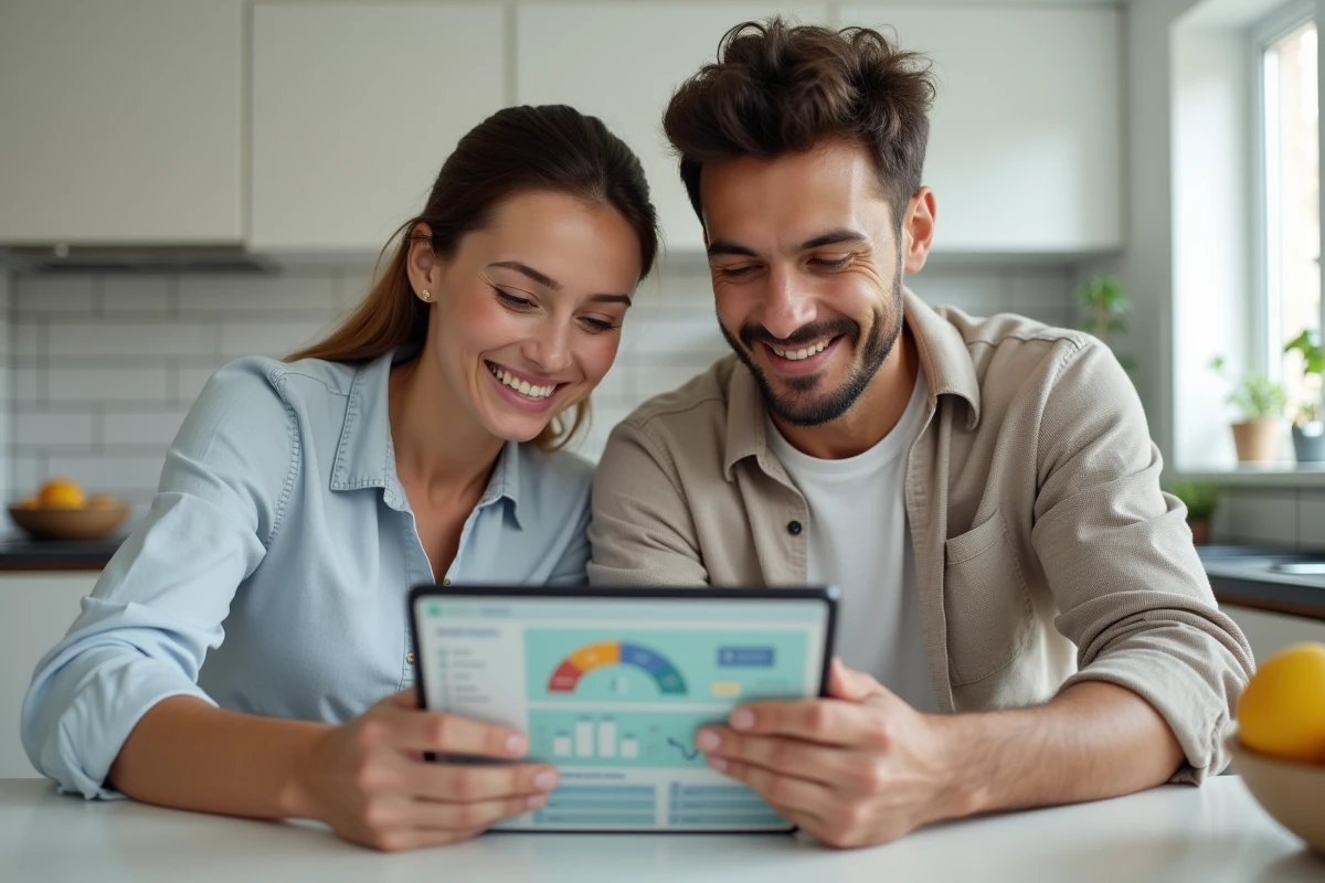 Couple consultant le tableau de bord de suivi des demandes SAV Foncia sur une tablette numérique