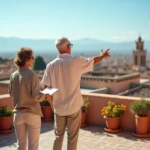 Couple européen sur la terrasse d'un riad à Marrakech contemplant l'achat d'une résidence secondaire