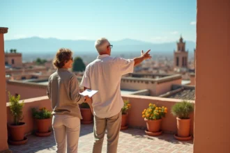 Couple européen sur la terrasse d'un riad à Marrakech contemplant l'achat d'une résidence secondaire