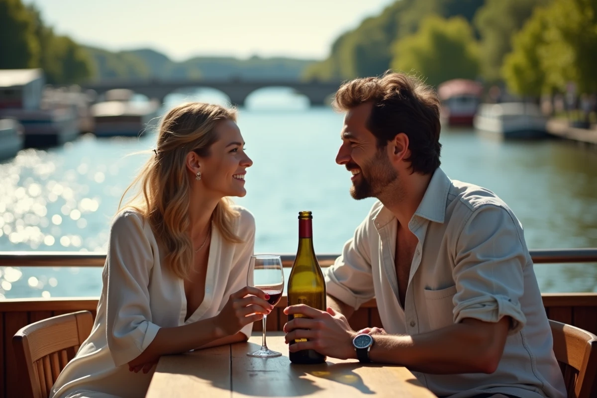 Couple profitant d'un verre de vin en terrasse sur une péniche lyonnaise au bord du Rhône