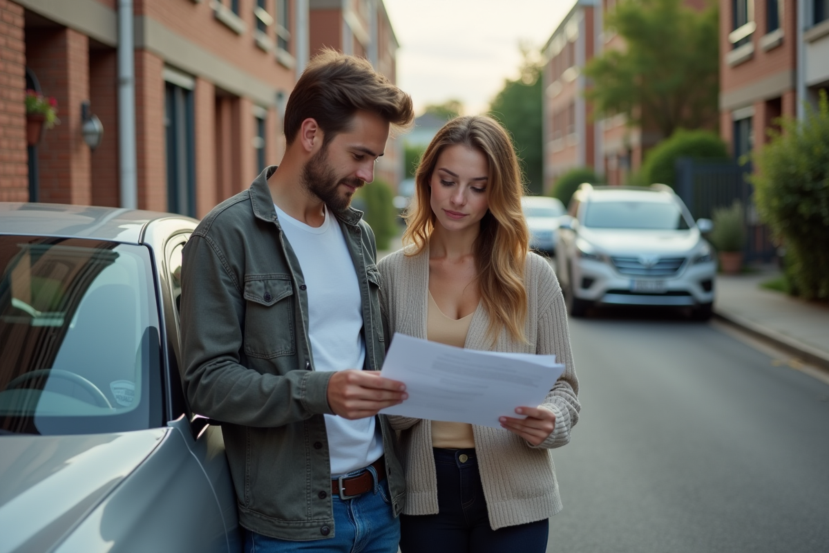 Jeune couple vérifie des formulaires d assurance devant leur voiture