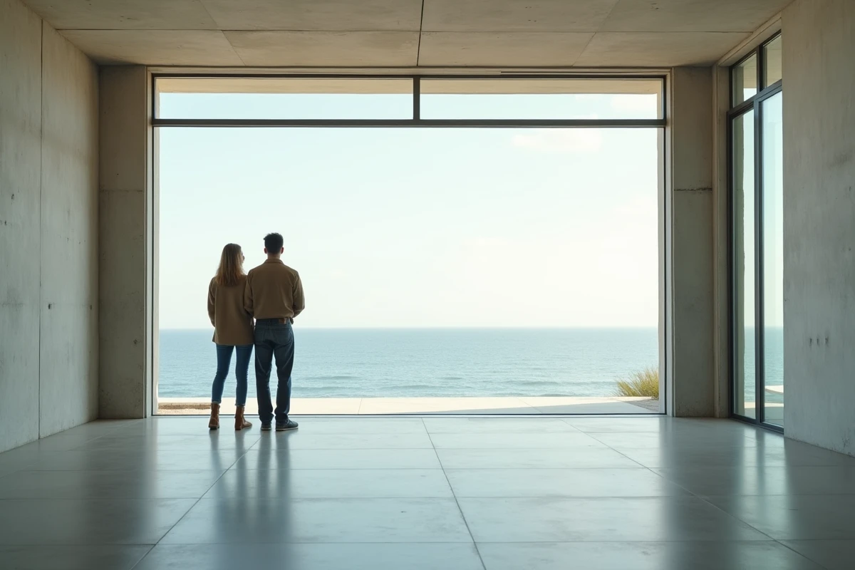 Couple observant la vue sur l'océan depuis l'intérieur d'une maison côtière à vendre avec baies vitrées
