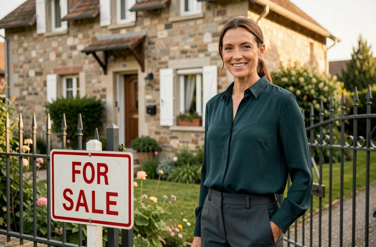Delphine Bonnet, mandataire Optimhome, devant une maison en pierre à vendre dans un quartier résidentiel de l'Isère