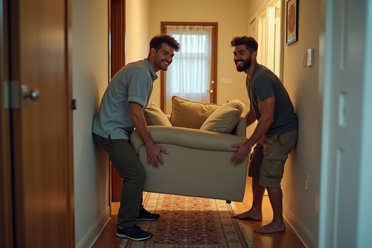 Deux jeunes hommes portant un canapé dans un couloir