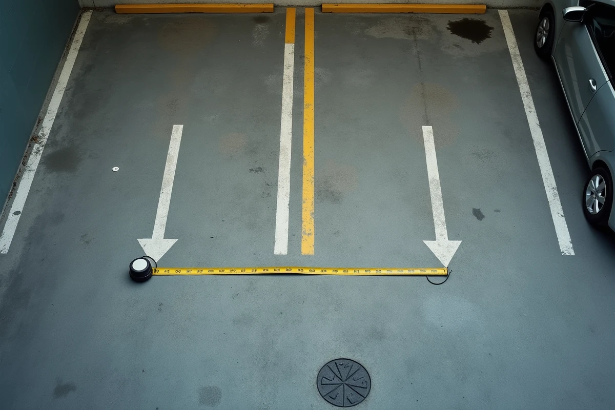 Vue aérienne de deux places de parking en sous-sol avec un mètre ruban mesurant la largeur standard de la délimitation peinte en blanc