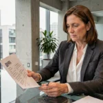 Directrice RSE immobilier analysant un document de politique RSE alignée sur le modèle CEAPC lors d'une réunion en bureau moderne