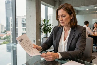 Directrice RSE immobilier analysant un document de politique RSE alignée sur le modèle CEAPC lors d'une réunion en bureau moderne